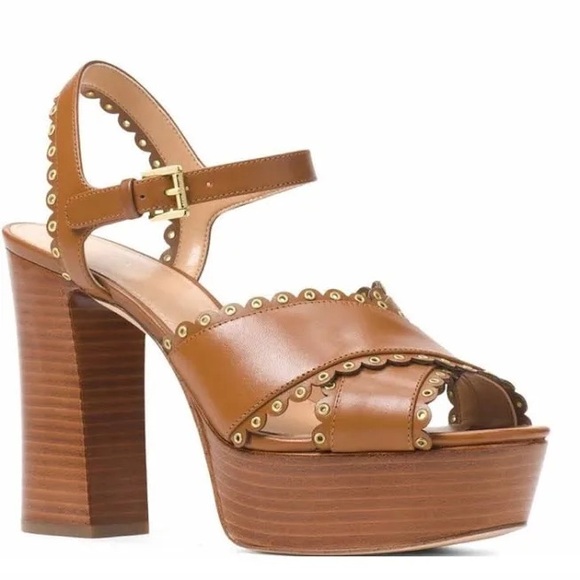 Michael Kors Jessie Sandals Brown Platform Heels Buckle Eyelet - Picture 1 of 5
